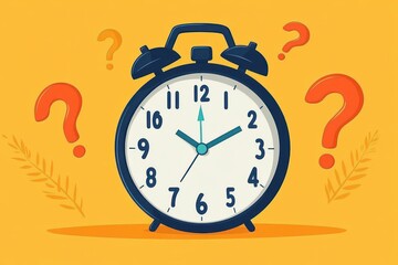 Illustration of a classic alarm clock surrounded by large red question marks on an orange background, symbolizing confusion or uncertainty about time