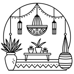 Boho Interior Decor Line Art Vector Minimalist Bohemian Home Elements Illustration