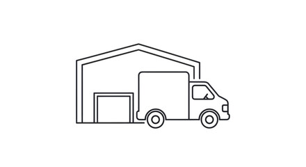 Simple Line Art of Delivery Truck and Warehouse.