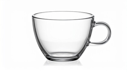A crystal-clear glass cup on a white background, shot in macro from a low angle.