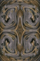 Ornate and symmetrical abstract design with a fluid, marbled texture in earthy gold and gray tones for a sophisticated background