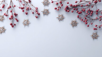 Festive Red Berry Branches with Silver Snowflakes on Light Blue Background