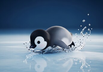 Animated penguin emerges from cool water splashing and creating droplets with a soft and adorable presence