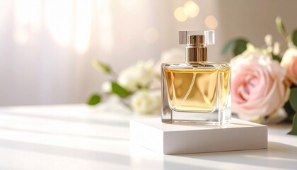 Sophisticated Perfume Bottle with Minimalist Style Positioned on Transparent Podium, Emphasizing Luxury Fragrance and High-End Cosmetic Display