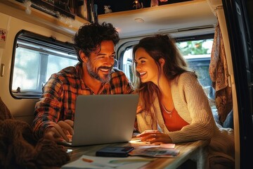 Smiling young couple sitting inside a cozy camper van working together on a laptop with warm ambient lighting, radiating happiness and connection