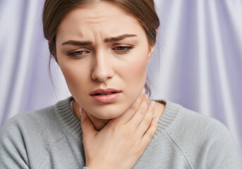 Worried young woman touching sore throat feeling discomfort and pain isolated indoors, concerned female experiencing symptoms of illness, health anxiety, or respiratory infection