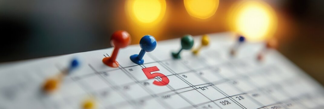 Close-up of calendar page with colorful push pins marking dates, highlighting the number five in red, warm blurred lights in background suggesting planning or important date