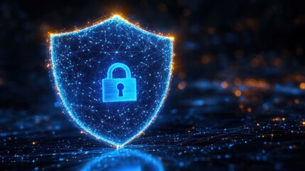 Glowing digital shield composed of interconnected points and lines with a central lock symbol representing cybersecurity and data protection in a futuristic dark environment