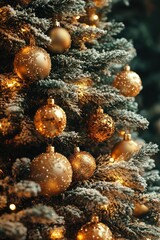 Close-up of a snowy Christmas tree decorated with warm golden baubles and glowing fairy lights creating a cozy festive atmosphere