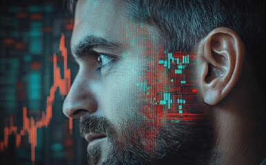 Close-up side profile of a focused man with a beard, overlaid with digital data and stock market graphs symbolizing concentration and analysis of financial or technological information
