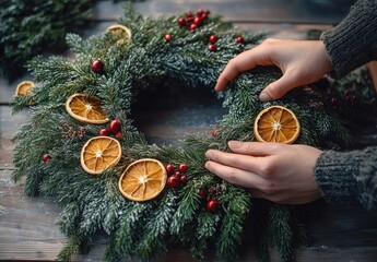 Person decorating a festive pine wreath with dried orange slices and red berries on a wooden table, evoking a cozy and seasonal atmosphere