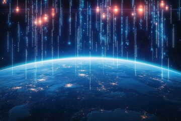 View of Earth from space with illuminated city lights and vertical streams of glowing binary code and data falling against a dark starry background, evoking a futuristic digital atmosphere