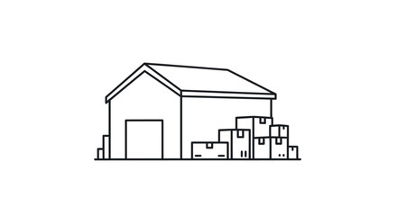 Line Art Warehouse Building with Stacked Cardboard Boxes.