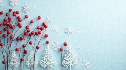 Festive Red Berry Branches with White Snowflake Decorations on Light Blue Background