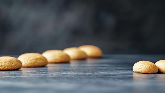 Golden-brown cookies aligned in row on dark surface