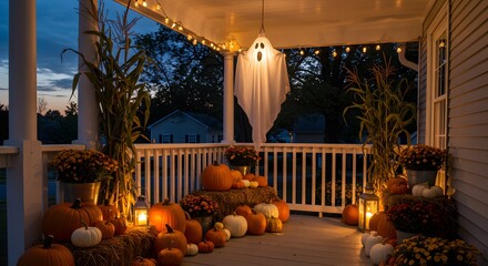 Spooky Halloween porch decorated with pumpkins, lights, and a ghost.