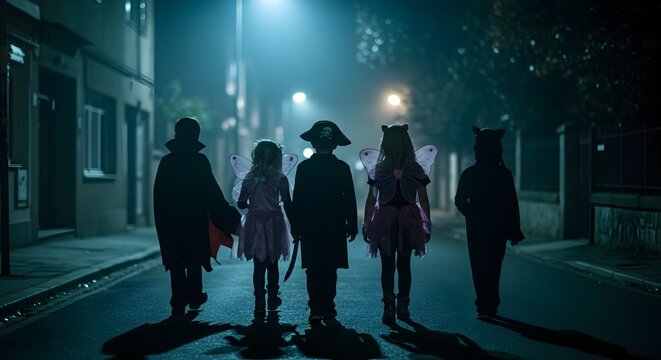 Silhouetted children in Halloween costumes trick-or-treating on a dimly lit street at night.
