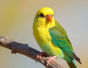 Cinematic shot of a small colorful parrot perched on a dry tree branch, dramatic natural lighting, golden hour atmosphere, shallow depth of field, ultra sharp details on feathers, blurred cinematic 
