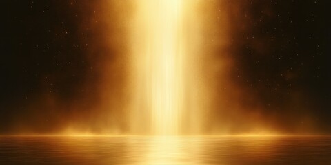 Golden beam of light shining down over calm water surface with sparkling particles and warm glowing atmosphere