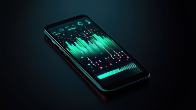 Smartphone displaying a futuristic digital data interface with glowing green and red bar graphs and circular data points on a dark surface emitting a tech vibe