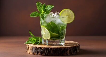 Classic Mojito Cocktail with Lime and Mint on a Wooden Slice Background drink beverage
