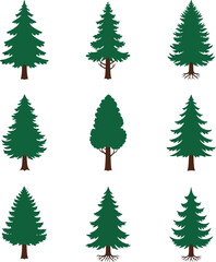 Green Pine Tree Icons Set, Nine Conifer Silhouettes