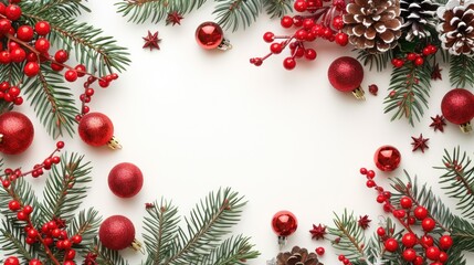 Festive Red Christmas Ornaments and Pine Branches on White Background