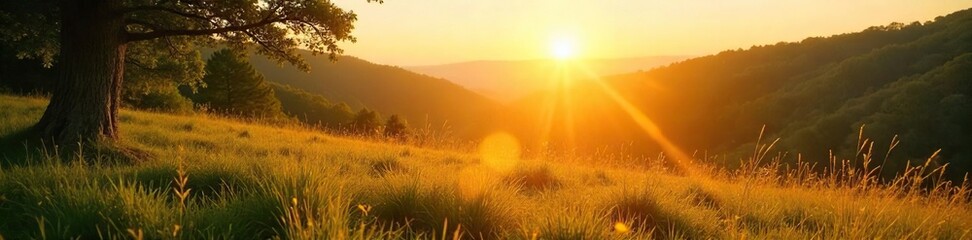 Serene landscape bathed in golden sunlight, perfect for mindful reflection and connecting with nature's tranquility  Ideal for meditation, yoga, and wellness themes ,  relaxation,  tranquil