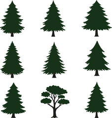 Obraz premium Green Pine Tree Icons Set, Nine Conifer Silhouettes