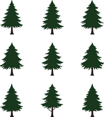 Obraz premium Green Pine Tree Icons Set, Nine Conifer Silhouettes