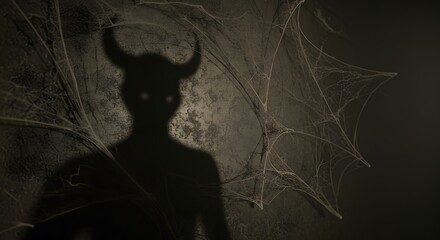 A menacing shadow of a horned demon with glowing eyes is cast on a dark, spooky wall with cobwebs.