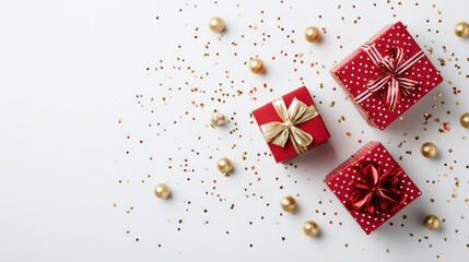 Festive Red Gift Boxes with Gold and Silver Ribbons Surrounded by Holiday Decorations on White Background