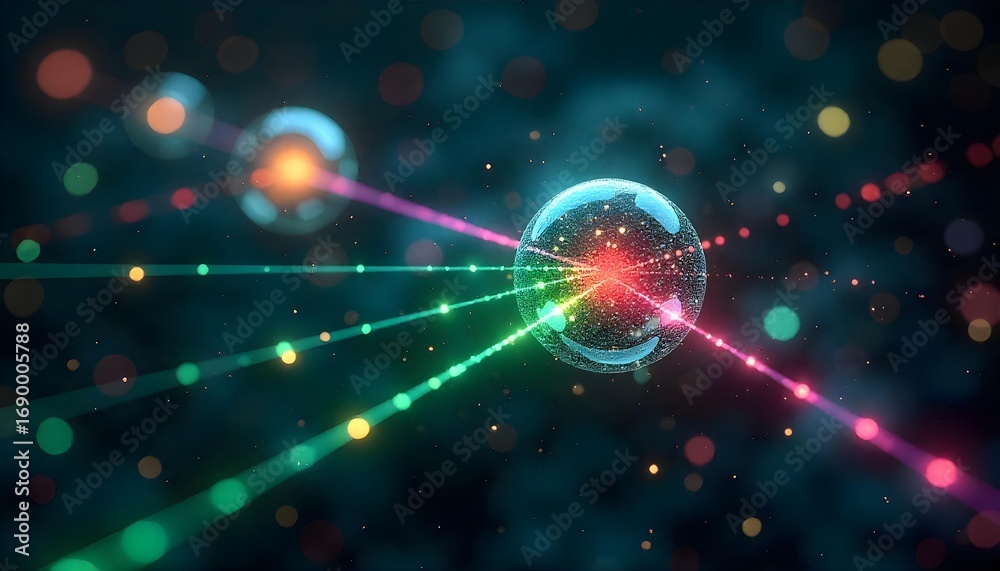 Wall mural quantum computing inspired background with entangled particles and light beams, dark space theme wit