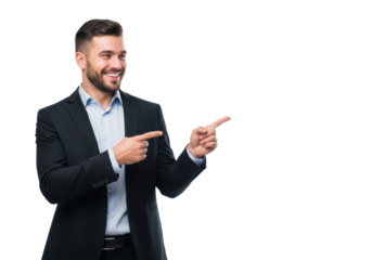 A young caucasian man in a black suit and blue shirt, smiling and pointing right on a bright white studio background with copy space, concept for marketing advertising