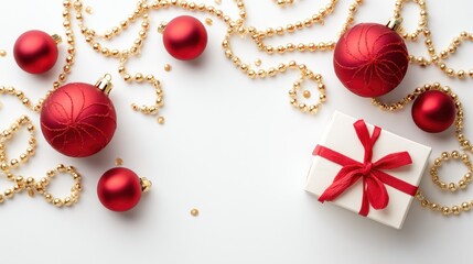 Festive Red Christmas Ornaments with Gold Bead Garlands and Gift Box on White Background