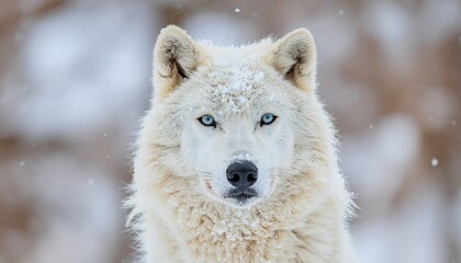 Arctic Wolf Portrait with Snowflakes on Thick White Fur