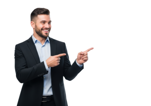 A young caucasian man in a black suit and blue shirt, smiling and pointing right on a bright white studio background with copy space, concept for marketing advertising