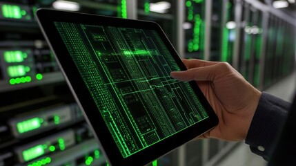 Hand interacting with tablet displaying server room codes