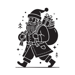 Walking Santa Claus Silhouette with Gift Sack Vector Illustration