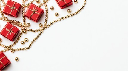 Festive Red Gift Boxes with Gold Ribbons and Beaded Garland on White Background