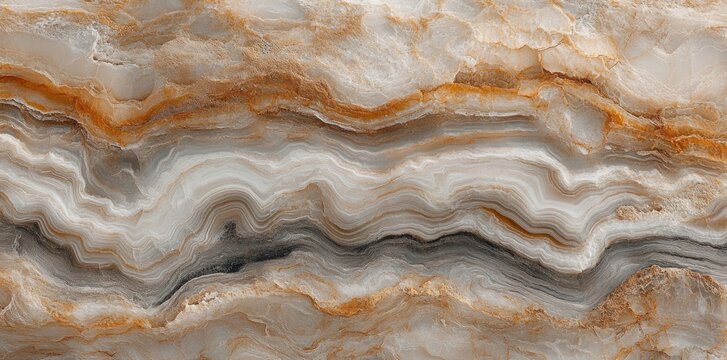 Close-up view of natural stone surface with intricate layered patterns in shades of brown, beige, gray, and white showing textured and wavy mineral formations