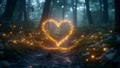 Heart Shape Formed by Glowing Fireflies in the Dark Forest