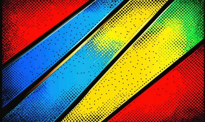 Abstract pop art style image with diagonal stripes in bright red, blue, yellow, and green colors with dotted halftone texture creating dynamic contrast