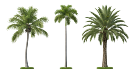 Diverse tropical palm trees (coconut, royal, date) with unique trunks, green fronds & botanical detail, isolated on transparent with vivid green grass. Botanical design for landscaping