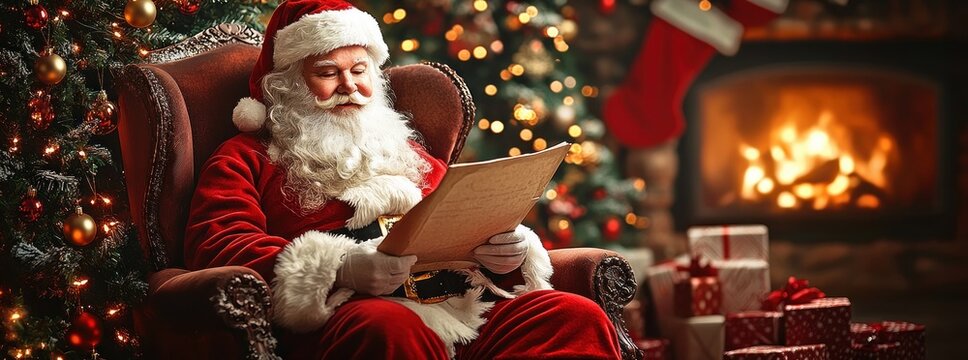 Santa Claus sitting in a cozy armchair near a decorated Christmas tree, reading a letter with a warm fireplace and wrapped presents in the background, festive and peaceful atmosphere