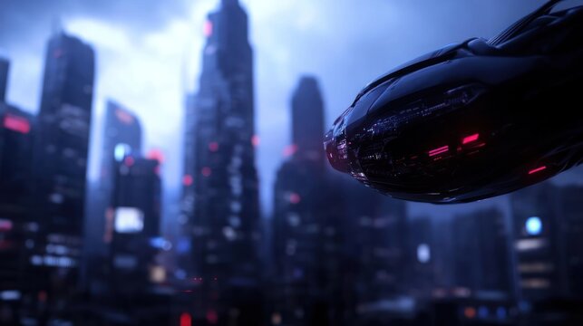 Futuristic cityscape with a sleek spacecraft exploring the urban landscape at dusk