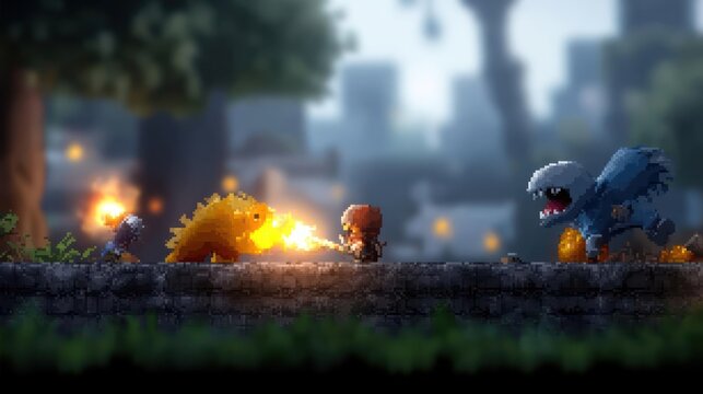 Fototapeta Pixelated protagonist facing fiery foes in a vintage side-scrolling adventure world