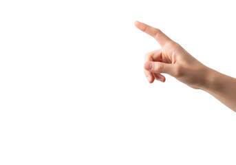 Fair-skinned young adult's right hand, index finger extended, poised to touch unseen digital element, transparent studio background, copy space left, concept of modern technology