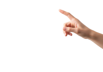 Fair-skinned young adult's right hand, index finger extended, poised to touch unseen digital element, transparent studio background, copy space left, concept of modern technology