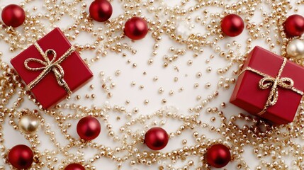 Festive Red Gift Boxes with Gold Ribbons Surrounded by Pearls and Red and Gold Baubles on White Background